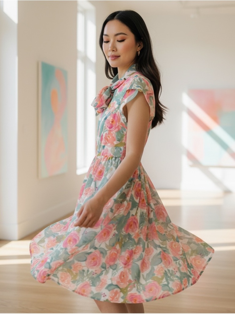 ModCloth Prim with Pizzazz Floral Tie Neck Midi Dress - Cottagecore Pastel XXS